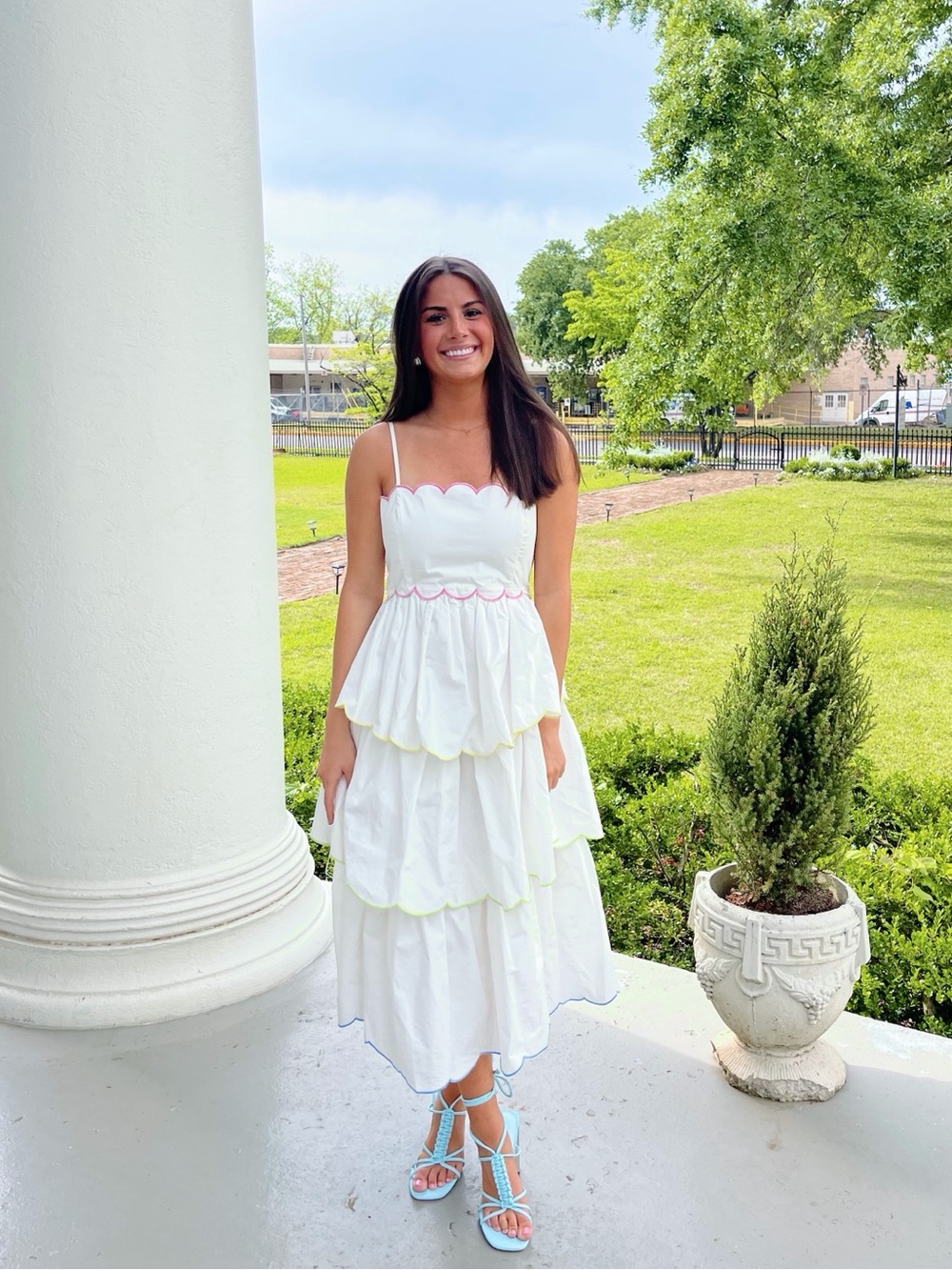 English Factory Tiered Scallop Midi Dress with Pastel Colorful Trim - Picture 1 of 2